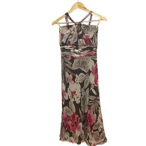Y2K Anne Klein Floral Halter  Midi Dress, brown, 4